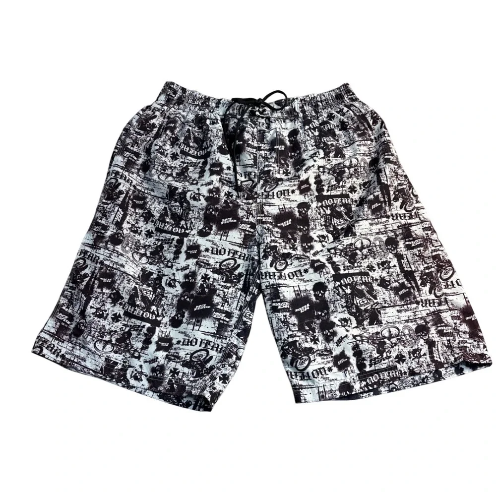 No Fear Mens Board Shorts Large Black White Graphic Print Motocross Skulls Swim